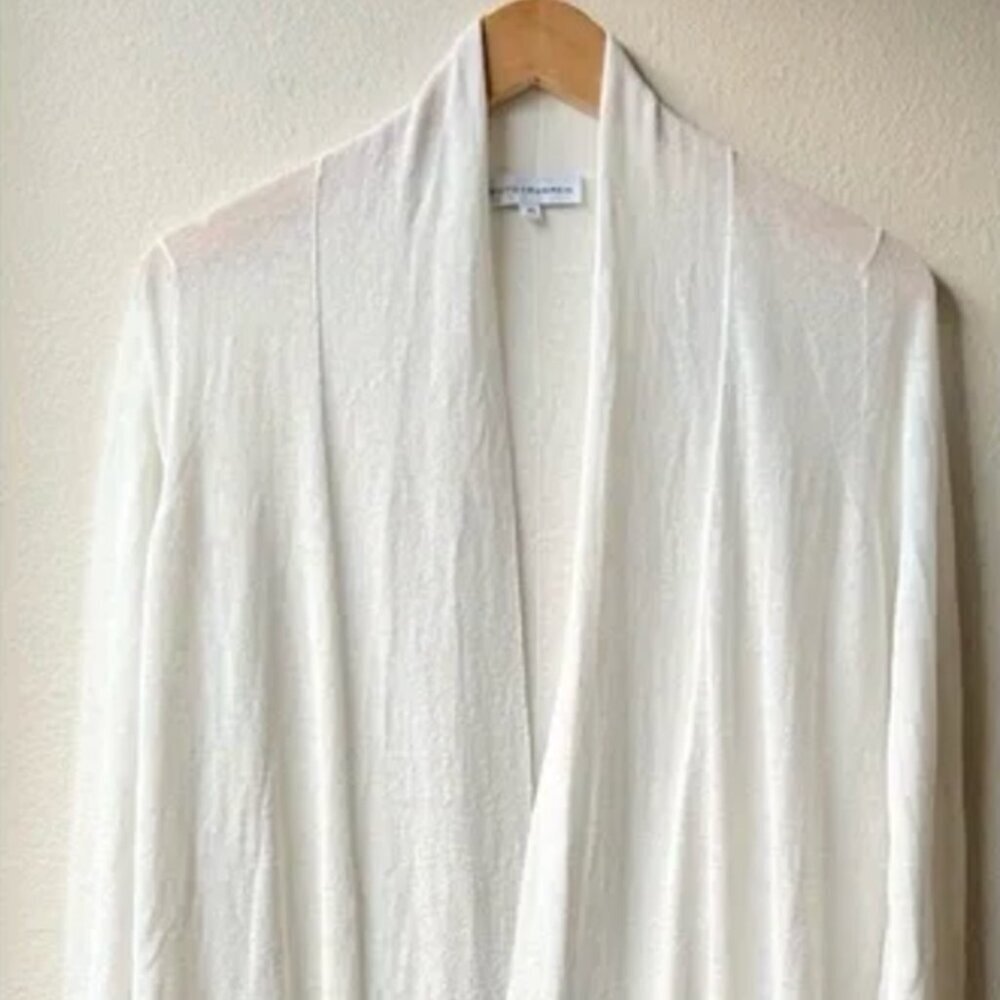 WHITE + WARREN linen gauze open Trapeze cardigan in Calico Cream White XS STAINS